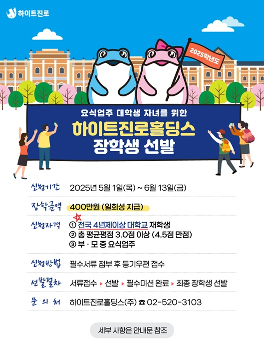 요식업주 대학생 자녀를 위한 하이트진로홀딩스 장학생 선발 안내